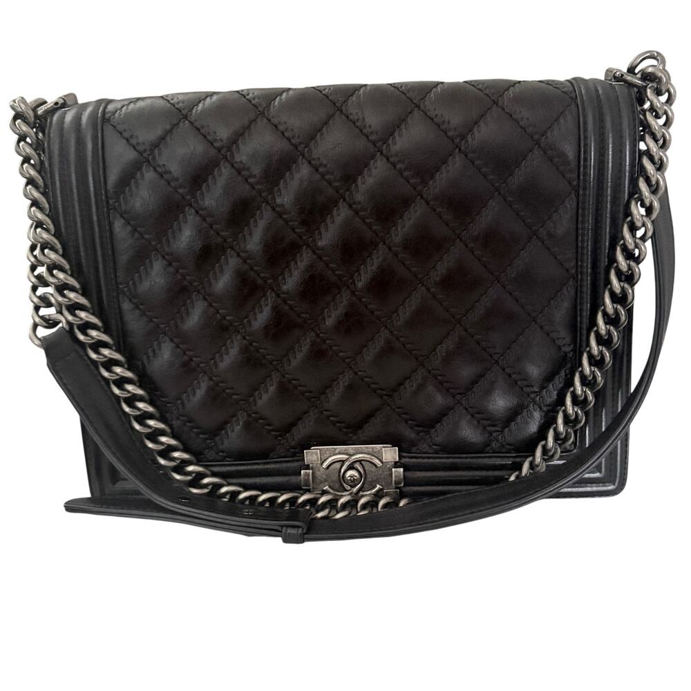 Chanel Large Boy Bag Black Quilted Calfskin Ruthenium Hardware Chain Flap w COA